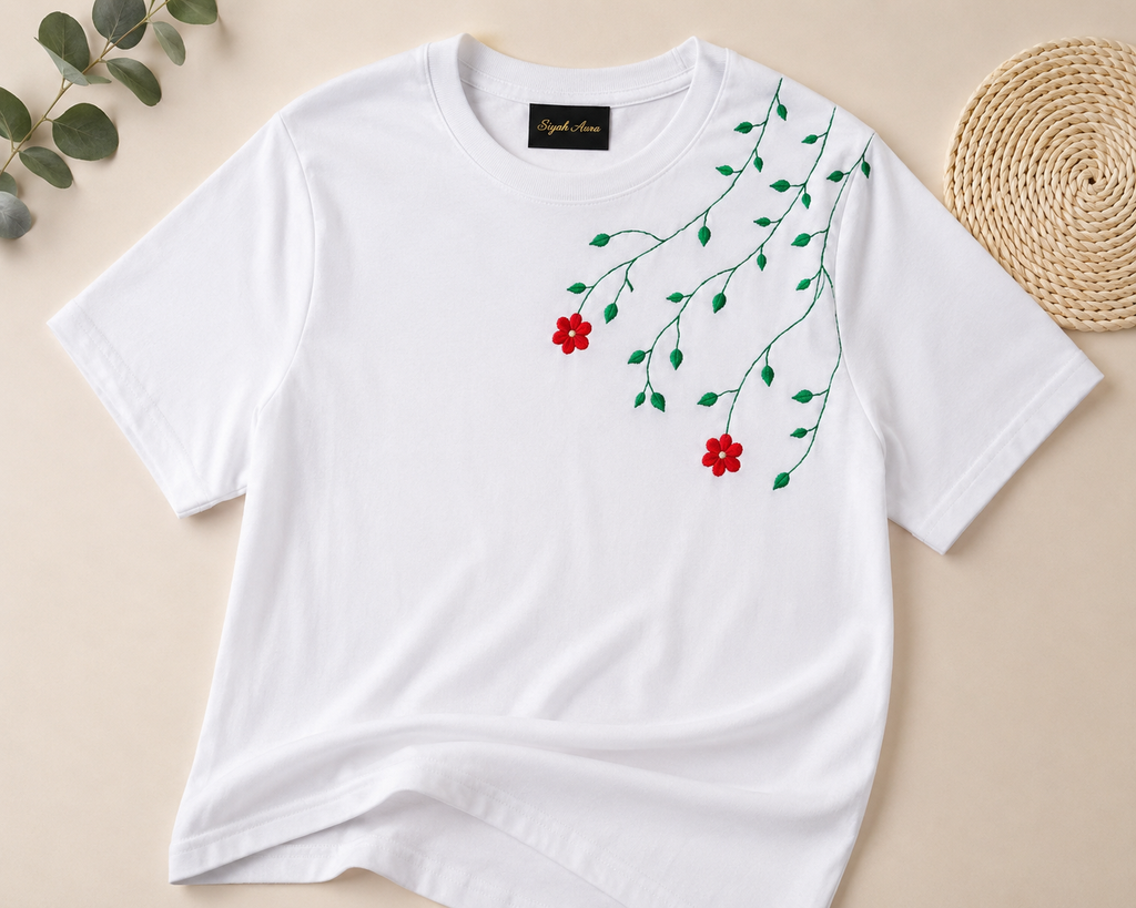 Womens Floral Embroided Cotton T-Shirt - White