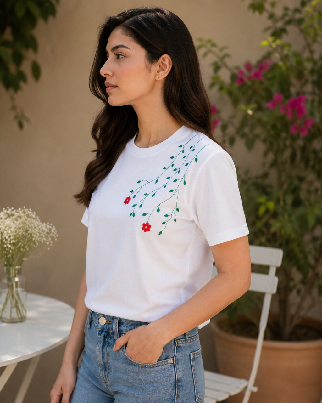 Womens Floral Embroided Cotton T-Shirt - White