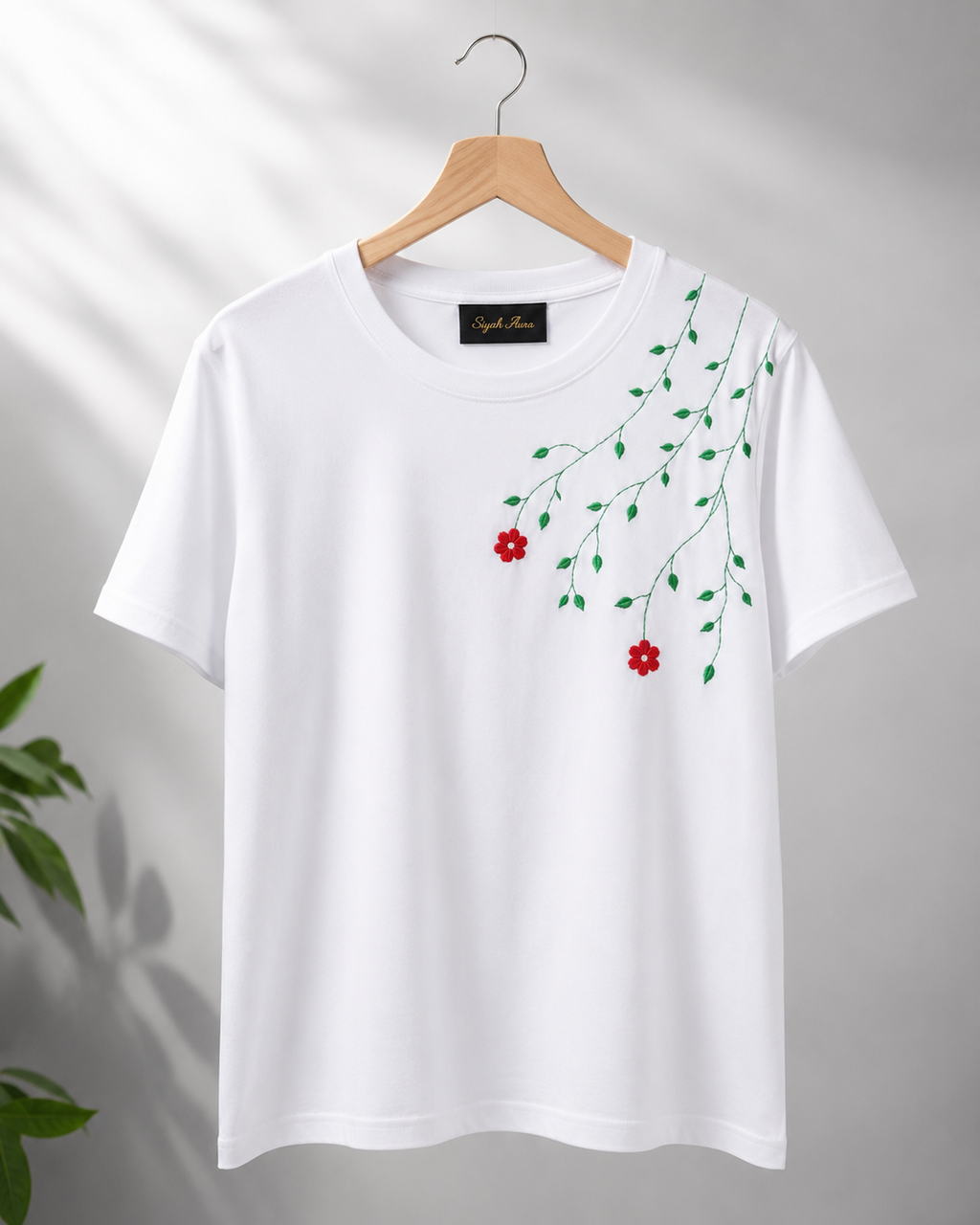 Womens Floral Embroided Cotton T-Shirt - White