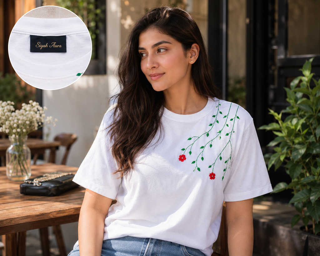 Womens Floral Embroided Cotton T-Shirt - White