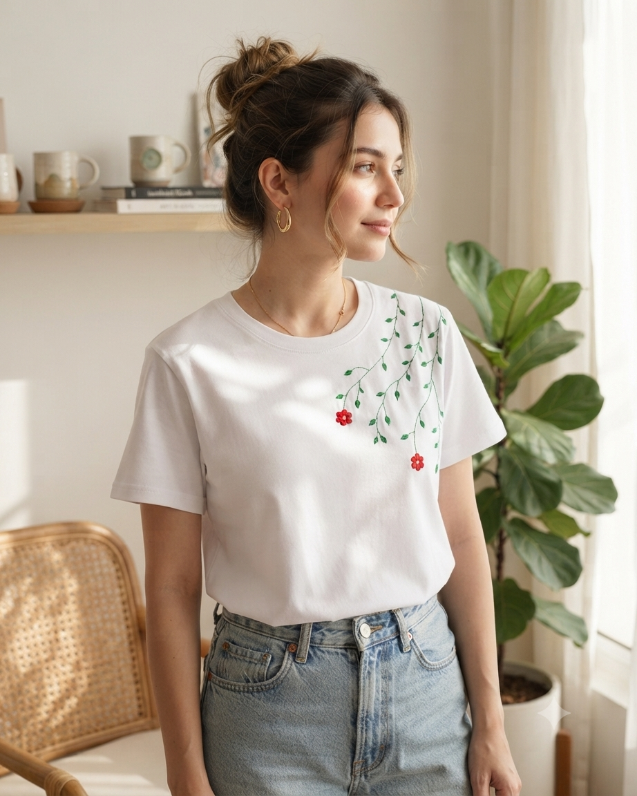Womens Floral Embroided Cotton T-Shirt - White