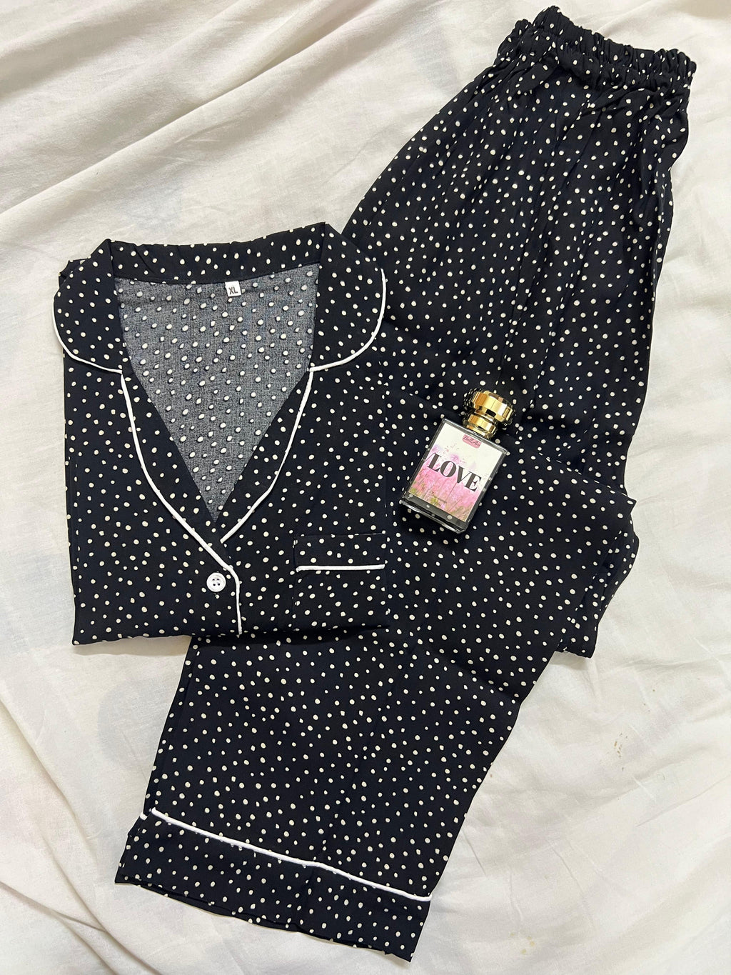 Black polka dots summer linen pj suit